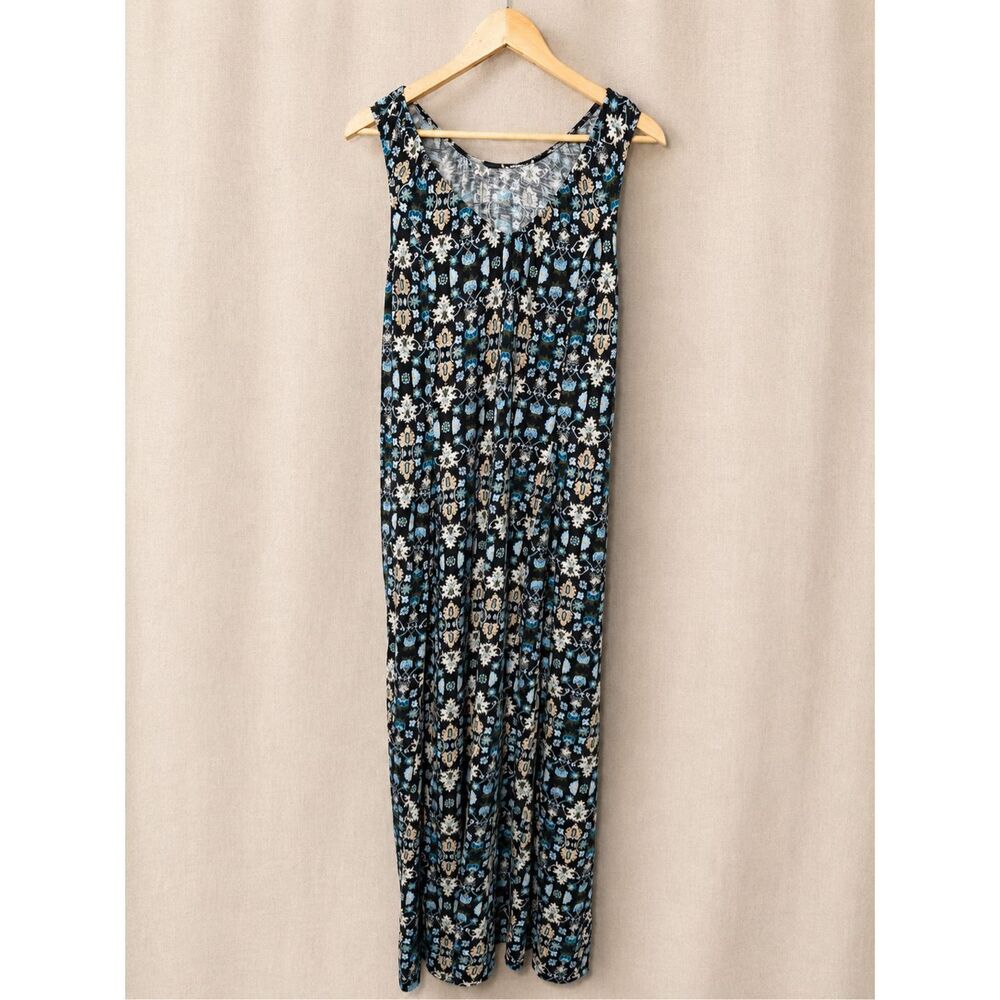 Canyon Retreat 1X Floral Maxi Dress Blue Black Sleeveless Cotton Linen Blend